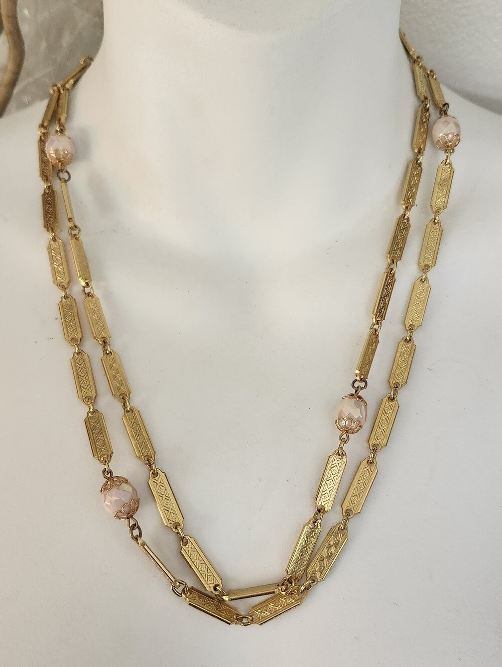 Floral Engraved Gold-Tone Multi-Link Necklace with Soft Pink Beads